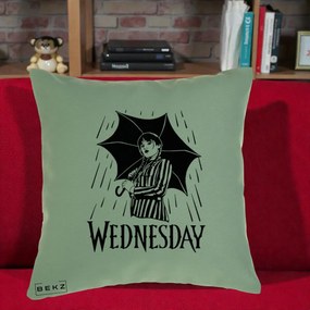 Perna Personalizata Wednesday cu Umbrela Ploaie Lineart, 40x40 cm, Verde, Husa Detasabila, Perna Inclusa, BEKZ®