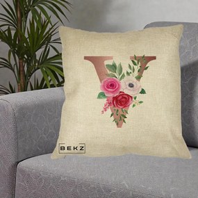Cadou Personalizat - Perna Personalizata Monograma Rose Gold Litera V, 40x40 cm, Crem, Husa Detasabila, Perna Inclusa, BEKZ®
