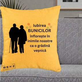 Cadou pentru Bunici - Perna Personalizata Bunicii Iubirea Infloreste Silueta Neagra Flori, 40x40 cm, Galben, Husa Detasabila, Perna Inclusa, BEKZ®