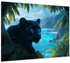 Tablou pe sticlă - Pantera neagră în junglă (70x50 cm)