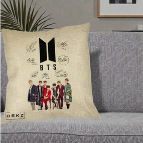Perna Personalizata K-pop BTS Semnaturi Foto, 40x40 cm, Crem, Husa Detasabila, Perna Inclusa, BEKZ®