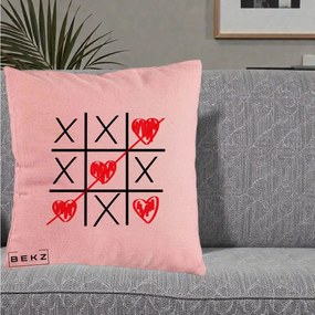 Cadou Romantic - Perna Personalizata Love Joc X si Inima cu Castigator Iubire, 40x40 cm, Roz, Husa Detasabila, Perna Inclusa, BEKZ®