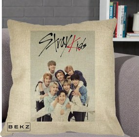 Perna Personalizata K-pop Stray Kids cu Foto Grup Alb-Albastru, 40x40 cm, Crem, Husa Detasabila, Perna Inclusa, BEKZ®
