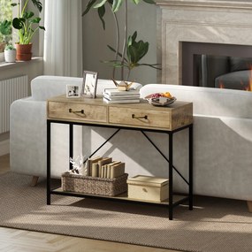 Masă Consolă Vintage HOMCOM din Metal și Lemn, Design Elegant cu 2 Sertare și Raft, Maro, pentru Living, Sufragerie | Aosom Romania