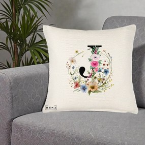 Cadou Personalizat - Perna Personalizata Monogram Litera J cu Flori Acuarela, 40x40 cm, Crem Reliefat, Husa Detasabila, Perna Inclusa, BEKZ®