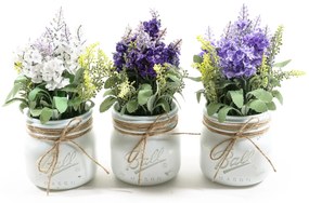 Set 3 ghivece flori artificiale lavanda, Sticla si plastic, 9x9x22 cm