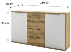 Comoda Castello, 2 Usi Si 4 Sertare, Alb Si Stejar Salbatic, 150 Cm