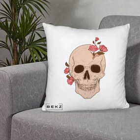 Perna Decorativa Craniu Floral Gothic, 40x40 cm, Alb Pufos, Husa Detasabila, Perna Inclusa, BEKZ®