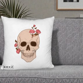 Perna Decorativa Craniu Floral Gothic, 40x40 cm, Alb Pufos, Husa Detasabila, Perna Inclusa, BEKZ®