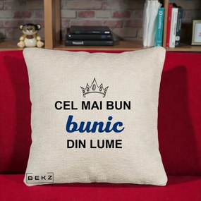 Cadou pentru Bunic - Perna Personalizata Cel Mai Bun Bunic Din Lume Coroana Albastra, 40x40 cm, Bej Canapea, Husa Detasabila, Perna Inclusa, BEKZ®