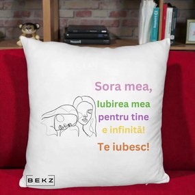 Cadou pentru Sora - Perna Personalizata Sora Mea Te Iubesc Line Art Fete Colorate Brate Ridicate, 40x40 cm, Alb Pufos, Husa Detasabila, Perna Inclusa, BEKZ®