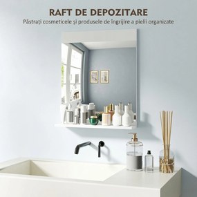 HOMCOM Oglindă de Baie pentru Perete în Stil Modern, Oglindă de Baie cu Raft, 50x12x60 cm, Alb | Aosom Romania