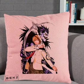 Perna Personalizata Death Note Light si Ryuk Duo, 40x40 cm, Roz, Husa Detasabila, Perna Inclusa, BEKZ®