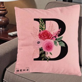 Cadou Personalizat - Perna Personalizata Monograma Florala Litera B, 40x40 cm, Roz, Husa Detasabila, Perna Inclusa, BEKZ®