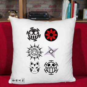 Perna Personalizata Simboluri Anime Mix - Naruto One Piece, 40x40 cm, Alb Pufos, Husa Detasabila, Perna Inclusa, BEKZ®