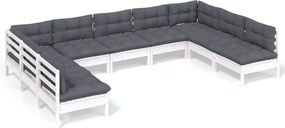 vidaXL Set mobilier grădină cu perne, 9 piese, alb, lemn masiv pin