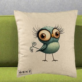Perna Decorativa Pasare Teal cu Gene si Coada Spiralata, 40x40 cm, Bej, Husa Detasabila, Perna Inclusa, BEKZ®