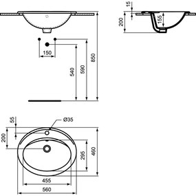 Lavoar incastrat alb 56 cm, oval, orificiu baterie si preaplin, Ideal Standard Eurovit