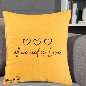 Perna Decorativa All We Need Is Love, 40x40 cm, Galben, Husa Detasabila, Perna Inclusa, BEKZ®