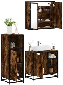 vidaXL Set mobilier de baie, 3 piese, stejar fumuriu, lemn prelucrat