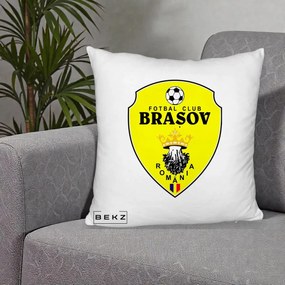 Perna Personalizata FC Brasov Fotbal Romania, 40x40 cm, Alb Pufos, Husa Detasabila, Perna Inclusa, BEKZ®