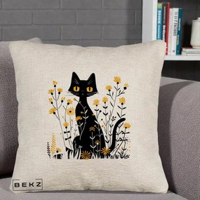 Perna Decorativa Pisica Neagra Ochi Galbeni Flori Galbene, 40x40 cm, Bej Canapea, Husa Detasabila, Perna Inclusa, BEKZ®