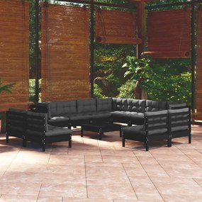 3096873 vidaXL Set mobilier grădină cu perne, 12 piese, negru, lemn masiv pin