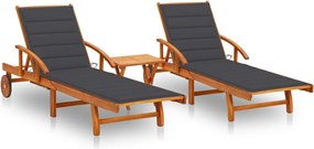 vidaXL Șezlonguri, 2 buc., cu masă și perne, lemn masiv de acacia