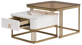 Set de Măsuțe de Cafea Suprapozabile din Marmură Lucioasă și Sticlă cu Detalii Aurii și Sertare, 60x60x42,5 cm + 50x50x34 cm, Alb