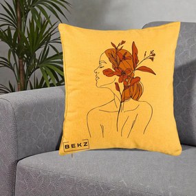 Perna Decorativa Portret Feminin Crin Ruginiu Auriu, 40x40 cm, Galben, Husa Detasabila, Perna Inclusa, BEKZ®
