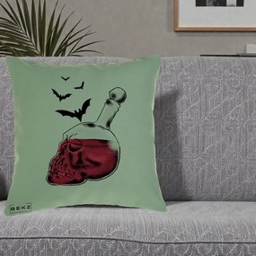 Perna Decorativa Halloween Craniu-Sticla cu Lilieci, 40x40 cm, Verde, Husa Detasabila, Perna Inclusa, BEKZ®