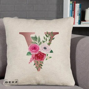 Cadou Personalizat - Perna Personalizata Monograma Rose Gold Litera V, 40x40 cm, Bej Canapea, Husa Detasabila, Perna Inclusa, BEKZ®
