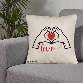 Perna Decorativa Love Maini Inima cu Inscriptie Love Rosu, 40x40 cm, Bej Canapea, Husa Detasabila, Perna Inclusa, BEKZ®