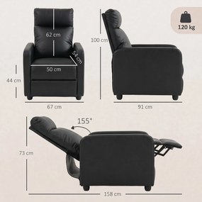 HOMCOM Fotoliu Relax Reclinabil Manual 155° cu Suport pentru Picioare din piele ecologică PU, pentru Living și Dormitor, Negru | Aosom Romania