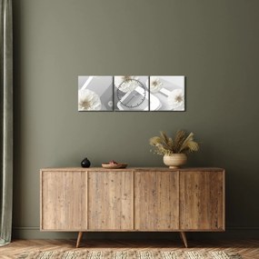 Tablou abstract cu flori albe (cu ceas) (90x30 cm)