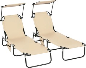 Outsunny Set de 2 șezlonguri pliabile cu copertină, șezlong de grădină cu spătar reglabil în 5 trepte, maro | Aosom Romania