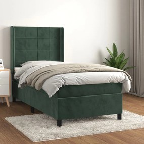 Pat box spring cu saltea, verde inchis, 90x190 cm, catifea Verde inchis, 90 x 190 cm, Cu blocuri patrate