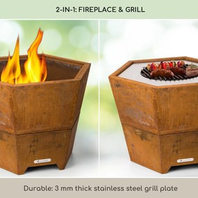 Hekla 2 în 1, șemineu, Ø 60 cm, rezistentă la apă și îngheț, placă de grătar, grătar de grătar