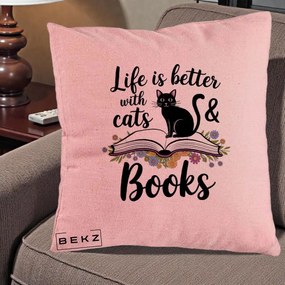 Perna Personalizata Life is Better Cats and Books, 40x40 cm, Roz, Husa Detasabila, Perna Inclusa, BEKZ®
