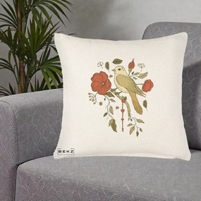 Perna Decorativa Pasare pe Ramura cu Maci, 40x40 cm, Crem Reliefat, Husa Detasabila, Perna Inclusa, BEKZ®