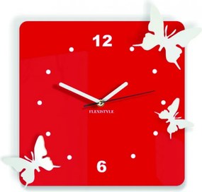 SENTOP | Ceas de perete modern din plastic - Fluturi, Culoare: roșu, alb, Dimensiune: 30x30 cm