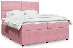 vidaXL Pat box spring cu saltea, roz, 200x200 cm, catifea