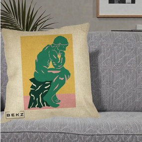 Perna Decorativa Ganditorul Sculptura Pop Art, 40x40 cm, Crem, Husa Detasabila, Perna Inclusa, BEKZ®