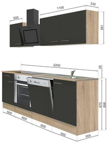 Mobilă de bucătărie Yorki 220, corp din stejar sonoma, față antracit satinat cu element inferior al cuptorului