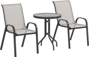 Outsunny Set de grădină 3 piese cu masă rotundă cu blat din sticlă și scaune suprapuse pentru exterior Gri deschis | Aosom Romania