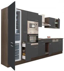 Mobilă de bucătărie Yorki 370, corp din stejar Yorki, față antracit satinat, frigider cu congelator în partea de jos