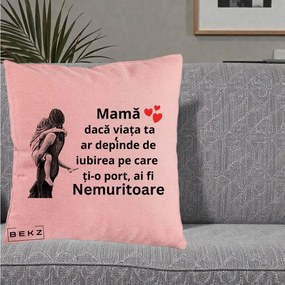 Cadou pentru Mama - Perna Personalizata Mama Nemuritoare Gravura Vintage, 40x40 cm, Roz, Husa Detasabila, Perna Inclusa, BEKZ®