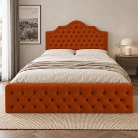 Pat tapițat din catifea Imperio cu nasturi 140×200 cm, cărămiziu, cu ladă de depozitare