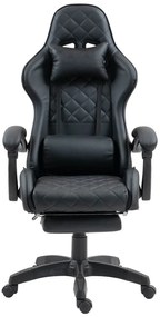 Scaun gaming, ergonomic, perna suport lombar cu masaj, spătar rabatabil, tetieră, suport pentru picioare, PU, Negru