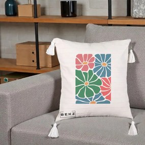 Perna Decorativa Flori Grafice Verde-Roz-Albastru, 40x40 cm, Bej cu Franjuri, Husa Detasabila, Perna Inclusa, BEKZ®